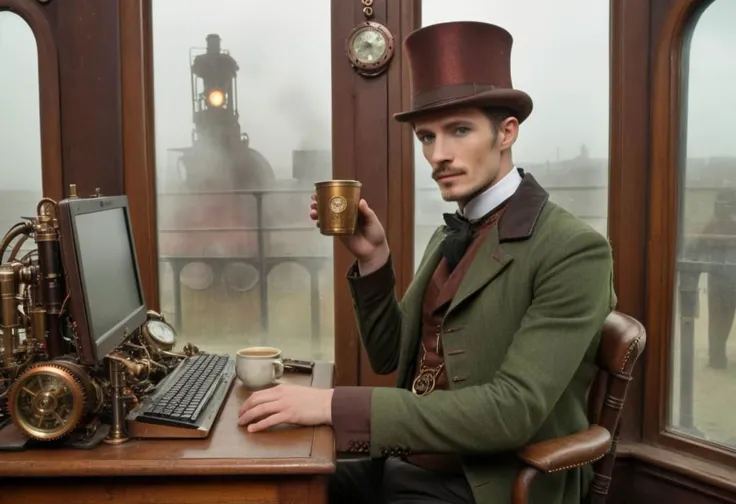 (full body) vintage photograph of a (skinny) ( Victorian working man:1.3) with a tired absent glance holding a coffee cup (sitting:1.6) on victorian era wooden chair typing at a (steampunk (dual monitor) computer:1.7), weary expression, (wearing conservative clothes and a hat), perfecteyes, green eyes, Perfect Hands, next to a window with view of the street