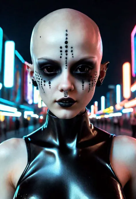 face closeup portrait of a pretty girl, in the 25th century, (black eyes, black scleras:2.0), shaved bald, (shaved eyebrows:2.0), wearing a latex outfit with metal parts, skindentation, detailed face, smirks, (angry rebelious smug expression:2.0, in a (futurist street at night:1.5), neon lights, backlighting, soft shadows, depth of field, photorealistic, analog film grain, rule of thirds, golden number