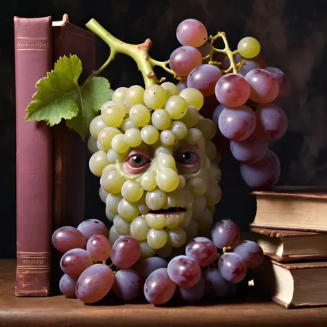 anthropomorphic grapes with human skin and burly body, pores, grotesque grapes flesh, pink grapes insides, grapes looks like a human head, with human face hungry expression, morph, photo realistic, dslr, medium format, 35mm, surrounded by bookends and flowers