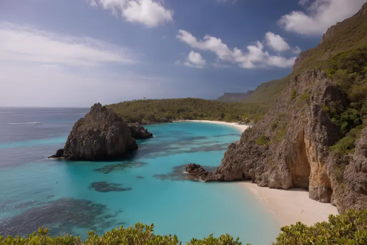 A marina is nestled along the picturesque tropical coastline, with crystal-clear turquoise waters stretching out into the distance. The scene is framed by rugged cliffs on one side and a stretch of sandy beach on the other, creating a harmonious blend of nature and human activity, intricate, detailed, 4k, rich deep colors, sharp focus