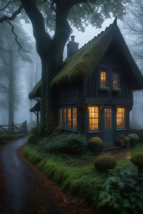 horror view of a cottage in an enchanted wood, fear, gloomy, witchcraft, cloudy, foggy, highly detailed, best quality, Raw, RAW photo, 8k, uhd, post-processing, Maximum texture, masterpiece, ultra-detailed, hyperdetailed, professional, OverallDetail