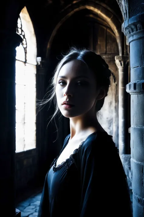 a girl in a dark fantasy castle, utopie, high contrast, highlightning face, unreal, surreal, dreamy, surreal, dreamlike, surrealism, dreamlike, surrealism, dreamlike, surrealism, dreamlike