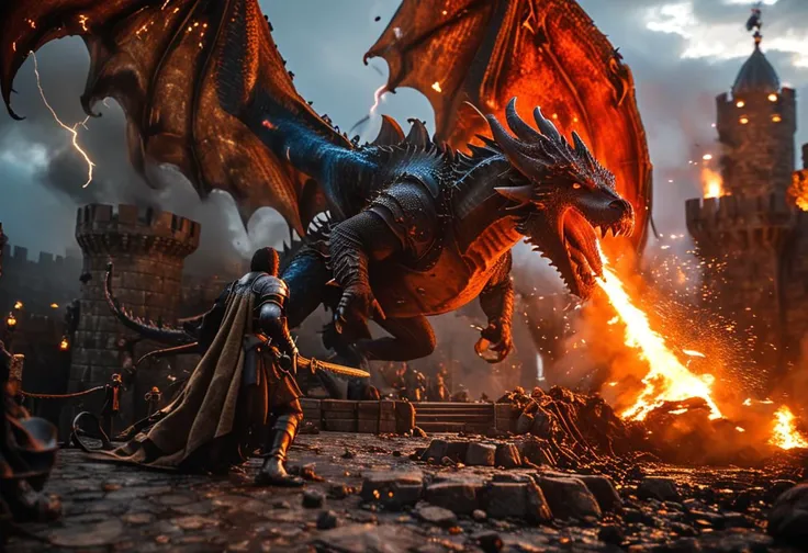 very dark focused flash photo, amazing quality, masterpiece, best quality, hyper detailed, ultra detailed, UHD, perfect anatomy, (dark red dragon, dark slate blue dragon, insanely detailed dragons:1.5), portrait, dof, hyper-realism, majestic, (20 heroes, 8Fighter, 4druid, 4ranger, 4wizard:1.4), highly detailed heroes, awesome, inspiring, Capture the thrilling showdown between the twenty heroes and multiple colossal dragons boss in an epic battle amidst explosions and lightning blasts, siege engines and siege towers, Embrace the action and chaos as these formidable forces clash on rooftops in a insanely detailed large medieval castle town. cinematic composition, soft shadows, national geographic style, great lighting,
<lora:add-detail-xl:0.55>, <lora:great_lighting:3> <lora:XL_boss_battle:1>, bosstyle , <lora:zavy-cntrst-sdxl:0.6> , <lora:MJ52:0.8>,<lora:EnvyZoomSliderXL01:-2>