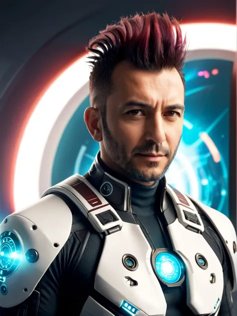 breathtaking sci-fi style a 40yr old Turkish male with mohawk hairstyle , happy, proud, <lora:SDXL_FILM_PHOTOGRAPHY_STYLE_BetaV0.4:1>, futuristic, technological, space themes, advanced civilizations, light leaks, lens flares, masterpiece, award-winning, professional, highly detailed
