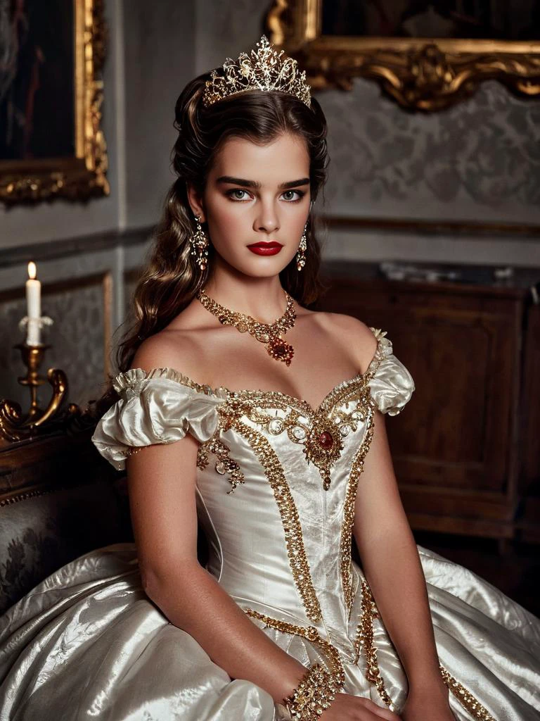 Hyperrealistic art nsfw, (full body shot:1.5), 18yo brooke shields as sexy rococo princess, Cinematic Lighting, (Detailed skin:1.6),(very Detailed skin:1.6), very long false eyelashes, red lips, mascara, eyeliner, shadoweyes, smokey eyes, look to viewer, <lora:chest_adjust:-15>, <lora:add-detail-xl:3> light in the background, lights and shadows on her body, lens flare, heresy flares, earrings, chain necklace . Extremely high-resolution details, photographic, realism pushed to extreme, fine texture, incredibly lifelike