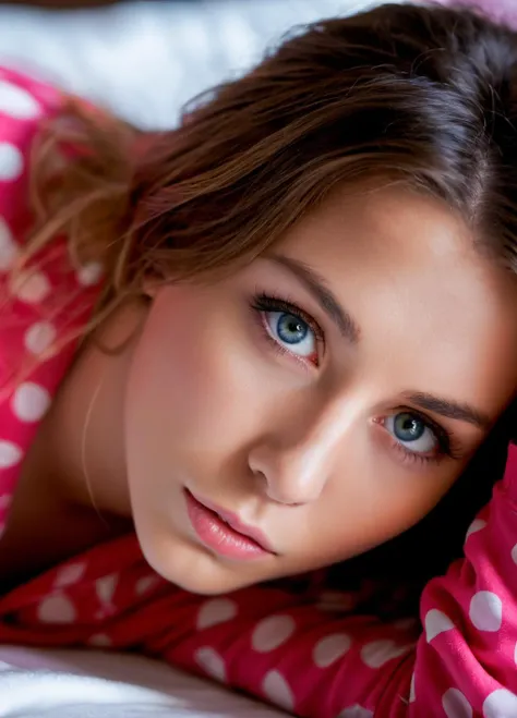 close up photo, laying on her side, facing the camera, tits, breast exposed, pussy, (open pajamas:1.2), shy, perfect eyes, highly detailed beautiful expressive eyes, detailed eyes, 35mm photograph, film, bokeh, professional, 4k, highly detailed dynamic lighting, photorealistic, 8k, raw, rich, intricate details, key visual, vivid colors