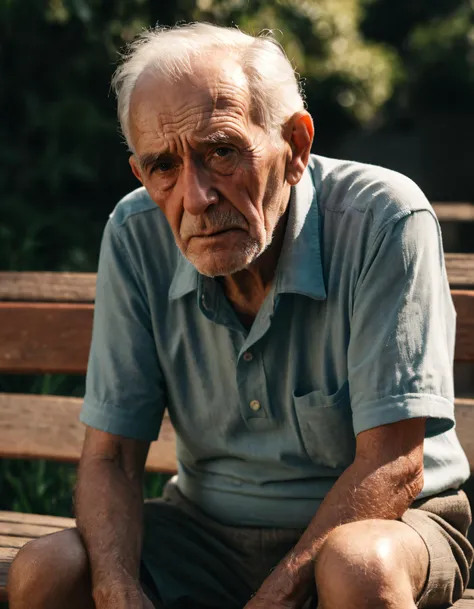 analog raw portrait photo of an old man sitting on a bench, exhausted, sad, realistic skin texture, haze lighting, 35mm, 8k, UHD, masterpiece