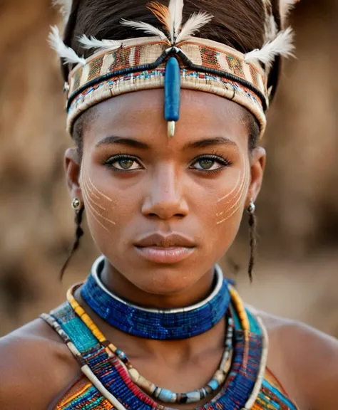 Photography in (stvmccrr style), a young Zulu woman with striking blue eyes, cultural portrait, emotive humane photography, rich colors, analog film, film grain, kodachrome, intricate details, insanely detailed, natural lighting, 8k, hdr, masterpiece, award winning photography, Fine art photography style, film photography style