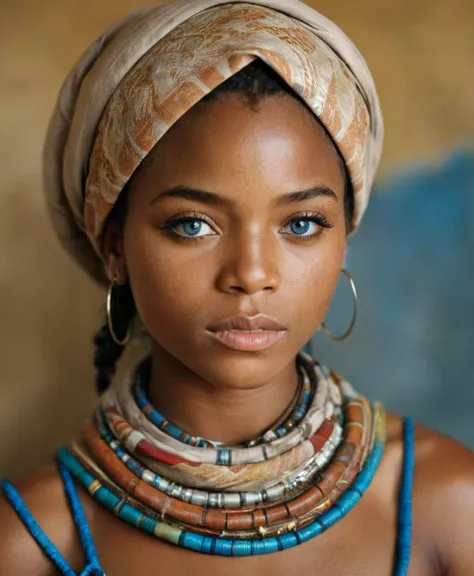 Photography in (stvmccrr style), a young Ashanti woman with striking blue eyes, cultural portrait, emotive humane photography, rich colors, analog film, film grain, kodachrome, intricate details, insanely detailed, natural lighting, 8k, hdr, masterpiece, award winning photography, Fine art photography style, film photography style