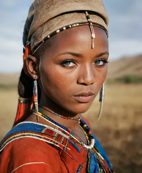 Photography in (stvmccrr style), a young Maasai woman with striking blue eyes, cultural portrait, emotive humane photography, rich colors, analog film, film grain, kodachrome, intricate details, insanely detailed, natural lighting, 8k, hdr, masterpiece, award winning photography, Fine art photography style, film photography style