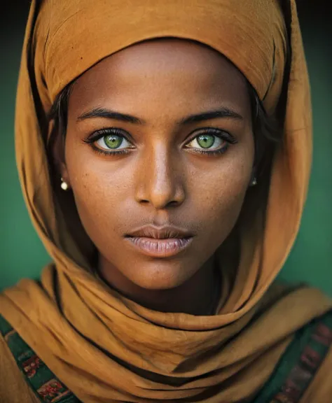 Photography in (stvmccrr style), a young  Somali woman with striking  green eyes, cultural portrait, emotive humane photography, rich colors, analog film, film grain, kodachrome, intricate details, insanely detailed, natural lighting, 8k, hdr, masterpiece, award winning photography, Fine art photography style, film photography style