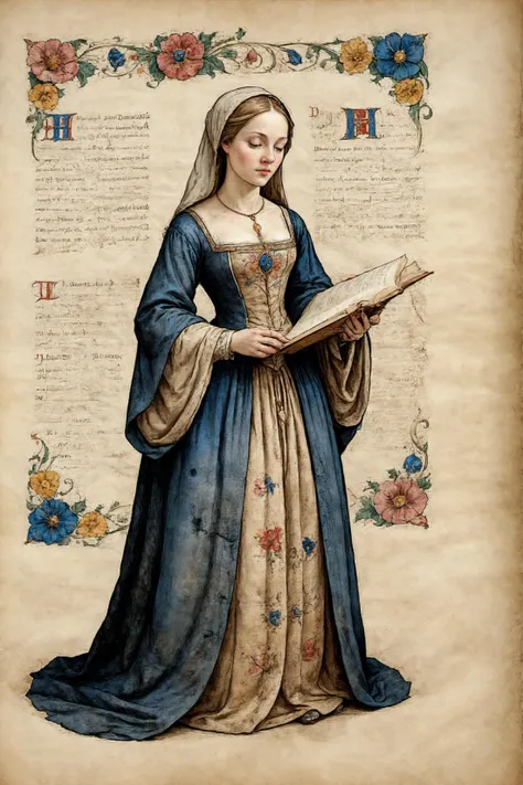 perfecly centered,illustration,heavy text,capital letters,on parchment,ink splashes,ink stains,ink smears,faded ink,full body,woman in medieval dress,medieval attire,judging,<lora:ParchartXL-2.0:1>,on parchment,heavily decorated page,floral decoration,floral border,