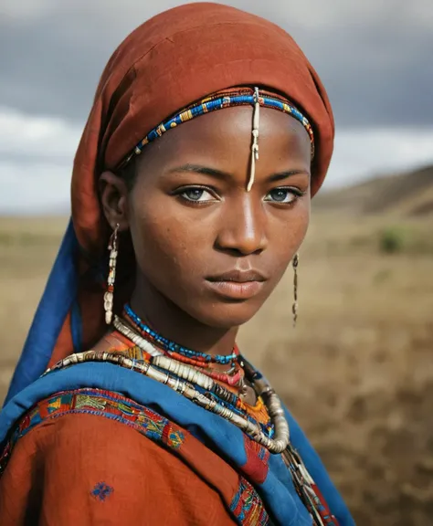 Photography in (stvmccrr style), a young Maasai woman with striking blue eyes, cultural portrait, emotive humane photography, rich colors, analog film, film grain, kodachrome, intricate details, insanely detailed, natural lighting, 8k, hdr, masterpiece, award winning photography, Fine art photography style, film photography style