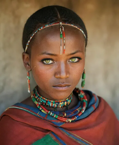 Photography in (stvmccrr style), a young Maasai woman with striking green eyes, cultural portrait, emotive humane photography, rich colors, analog film, film grain, kodachrome, intricate details, insanely detailed, natural lighting, 8k, hdr, masterpiece, award winning photography, Fine art photography style, film photography style