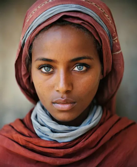 Photography in (stvmccrr style), a young Somali woman with striking blue eyes, cultural portrait, emotive humane photography, rich colors, analog film, film grain, kodachrome, intricate details, insanely detailed, natural lighting, 8k, hdr, masterpiece, award winning photography, Fine art photography style, film photography style