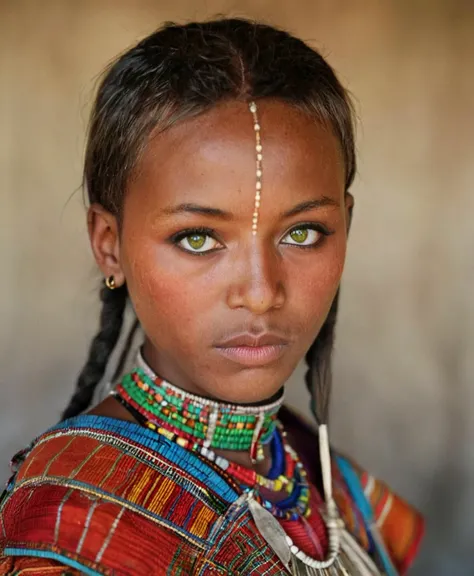 Photography in (stvmccrr style), a young Maasai woman with striking green eyes, cultural portrait, emotive humane photography, rich colors, analog film, film grain, kodachrome, intricate details, insanely detailed, natural lighting, 8k, hdr, masterpiece, award winning photography, Fine art photography style, film photography style