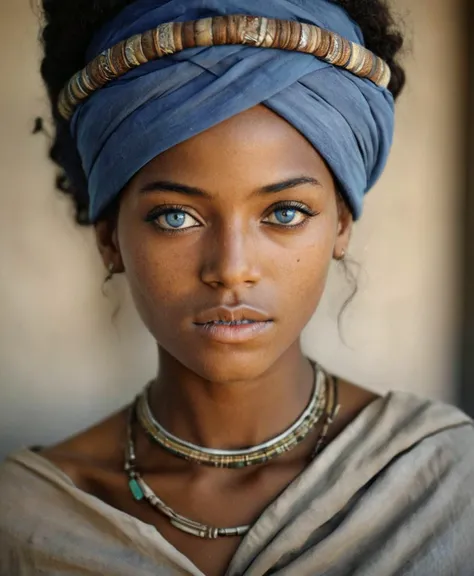 Photography in (stvmccrr style), a young Nubian woman with striking blue eyes, cultural portrait, emotive humane photography, rich colors, analog film, film grain, kodachrome, intricate details, insanely detailed, natural lighting, 8k, hdr, masterpiece, award winning photography, Fine art photography style, film photography style