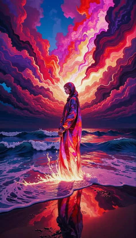 DB4RZ,DB4RZ style painting,a hand-drawn sketch and watercolor style,opalescent inlay,DIGITAL PAINTING,FLUORESCENT, GLOW, A lone figure with diaphanous scarlet drapery stands amidst a roiling conflagration of cerise and magenta, consuming the shore where tenebrous waters meet a twilight sky of indigo and amethyst. Employ a low camera angle, emphasizing the figure's silhouette against the incandescent inferno, reflecting with painterly impasto strokes onto the wet sand. Render the scene in a medium shot, capturing the figure's contemplative posture as they face the churning, incandescent sea. Detail the scene with a mahlstick-like precision, blending the figure's form seamlessly into the surrounding chromatic chaos. Leave the figure's face obscured, inviting the viewer to project their own interpretation onto the scene's melancholic grandeur.
