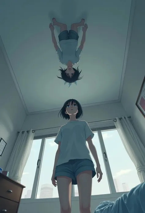 An extreme low-angle anime-style illustration of a woman standing in her room. The camera is positioned close to her feet, facing upward to capture her full figure as she looks directly at the ceiling. On the ceiling, a female figure identical to her, wearing the exact same clothes, is standing upside down with her feet sticking to the ceiling as if defying gravity. Both the woman and the ceiling figure are locking eyes, creating a surreal mirror-like effect. The room has a simple, everyday design, with soft, diffused lighting that casts subtle shadows, enhancing the eerie yet calm atmosphere. The color palette is muted with neutral tones—light grays, whites, and soft blues—emphasizing the unsettling nature of the scene without being too dark. The mood is quiet and mysterious, evoking subtle psychological horror, with the focus on the strange reflection-like interaction between the woman and her ceiling double.
<lora:SinozickStyle_s1n0z1ckAnimeFlux_v1.0:1.00>
S1n0z1ck style