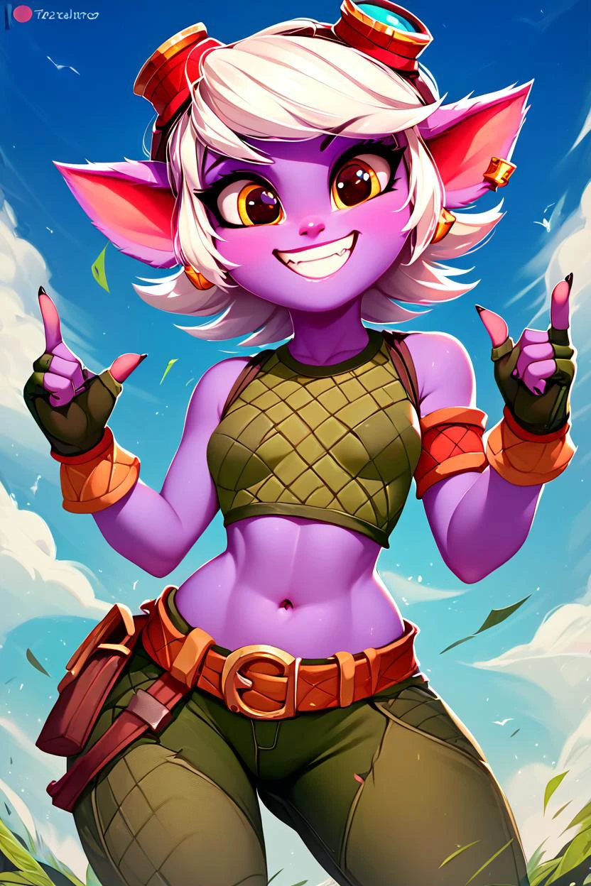 score_9, score_8_up, score_8, medium breasts, (curvy), cute, eyelashes, BREAK, , zztristana, navel, goggles, goggles on head, small breasts, teeth, bare shoulders, white hair, earrings, pants, <lora:Tristana_PDXL:0.8>, BREAK, smile, looking at viewer, cowboy shot, embedding:zPDXL, <lora:theButcherXPDXL:0.8>,