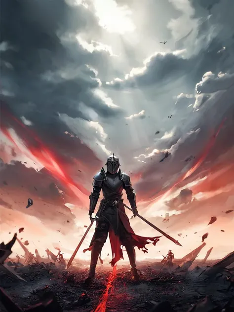 score_9,score_8_up,score_7_up,score_6_up,score_5_up,score_4_up,The battlefield around him is littered with the remnants of a hard-fought war, broken weapons, fallen enemies, and torn banners strewn across the muddy, blood-stained ground. Dark clouds churn in the sky above, with only the faintest rays of sunlight piercing through, casting a cold, ethereal glow on the knight. His breath, visible in the cold air, mixes with the faint smoke rising from the battlefield, creating an atmosphere heavy with the aftermath of destruction. Despite the devastation around him, the Rose Knight stands tall, his black armor gleaming with a subtle sheen, the engraved roses a haunting reminder of both beauty and death. His eyes remain fixed on the distant horizon, a silent guardian who has triumphed over evil, now standing as a symbol of strength, victory, and unyielding resolve. detailmaximizer<lora:FLUX-Midjourney_Lucid_Dreams_FLUX_LoRA-000001:1>,<lora:Fantasy_Flux_World:1>,<lora:ImageUpgraderV2:0.5>