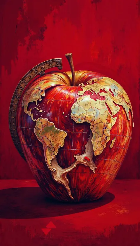 DB4RZ,DB4RZ style painting,a hand-drawn sketch and watercolor style,opalescent inlay,DIGITAL PAINTING,FLUORESCENT, GLOW, A meticulously crafted globe, sculpted to resemble a partially eaten apple, set against a vibrant, monochromatic crimson backdrop. The globe, exhibiting realistic cartographic details, should dominate the composition, captured in a close-up shot that emphasizes its peculiar transformation. Utilize tenebristic lighting, emanating from a single, concealed source, to cast dramatic shadows and accentuate the textural contrast between the smooth, polished "apple flesh" and the intricate details of the globe's surface. The overall image should exude an unsettling serenity, provoking contemplation on themes of consumption and environmental fragility.
