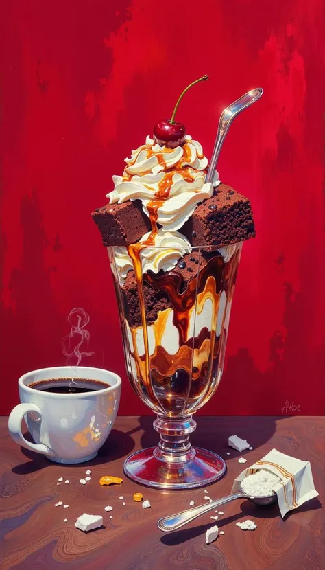 DB4RZ,DB4RZ style painting,a hand-drawn sketch and watercolor style,opalescent inlay,DIGITAL PAINTING,FLUORESCENT, GLOW, A cenital view of a decadent brownie sundae with a generous pour of caramel, topped with whipped cream and a single, plump cherry. A cup of black coffee sits to the side, steam gracefully curling upwards. A pristine white sugar packet rests beside it, torn open with a scattering of sugar crystals. Utilize a vibrant, high-chroma color palette to emphasize the indulgent nature of the dessert and the stark contrast against the vermillion background. Capture the glint of the caramel sauce and the delicate texture of the whipped cream through meticulous lighting. Leave ample negative space below to suggest a sense of anticipation and longing.