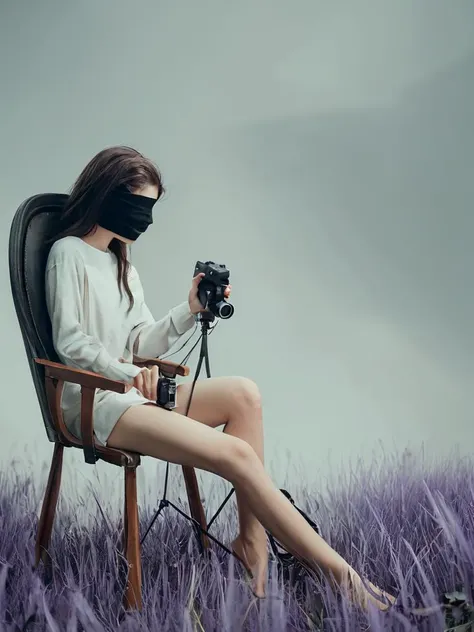 score_9,score_8_up,score_7_up,score_6_up,score_5_up,score_4_up,moody, gloomy, dark skies, lavender grass empty chair. side view, a bit away from camera, women in white clothes blindfolded sitting on a chair, minimalism. neat image, no artifacts, realistic, lonely.