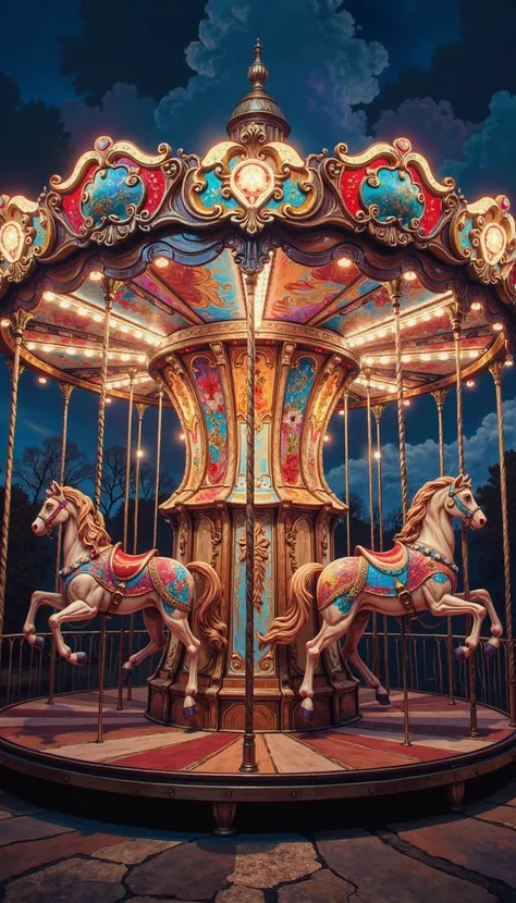DB4RZ,DB4RZ style painting,a hand-drawn sketch and watercolor style,opalescent inlay,DIGITAL PAINTING,FLUORESCENT, GLOW, Capture a whimsical, deserted carousel bathed in the warm, inviting glow of incandescent lights against a deep twilight sky. The carousel, resplendent in vibrant hues of red, gold, and blue, should exude an air of nostalgic grandeur. The camera, positioned low and slightly angled, emphasizes the upward sweep of the carousel's structure and the majestic pose of the stationary horses.  Infuse the scene with a sense of magical realism â a subtle shimmer on the carousel's poles, a whisper of movement in the surrounding air, hinting at unseen wonders.  Include details like intricately carved horses adorned with sparkling harnesses, and a background hinting at the fading twilight of a bustling amusement park.