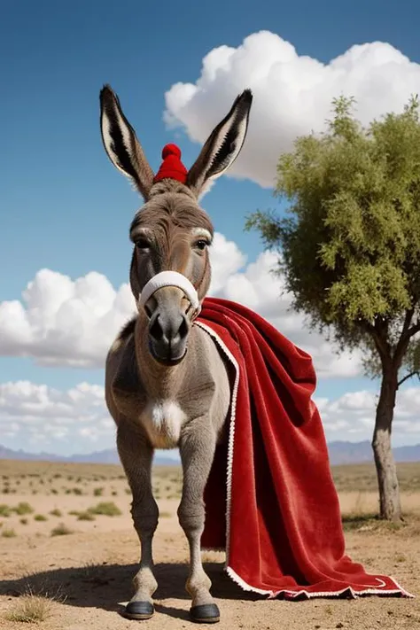 a donkey with a red blanket on its head and a bush in the background with a blue sky and clouds, Clovis Trouille, animal photography, a tilt shift photo, ecological art
