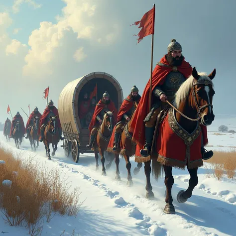 Medieval king's caravan being escorted by armodred horsemans at winter, extremely detailed, masterpiece