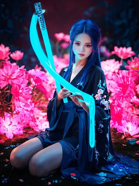 score_9,score_8_up,score_7_up,score_6_up,score_5_up,score_4_up,Best quality, neon light, a beautiful girl wearing intricate detailed black kimono holding an iridescence glowing katana, made of liquid metal, in a fantasy art style, with long dark blue hair, sitting on the ground covered in bioluminescence floral, with a highly detailed face and beautiful eyes mythp0rt<lora:FluxMythP0rtr4itStyle:1>