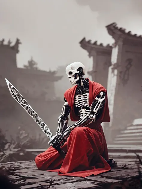 score_9,score_8_up,score_7_up,score_6_up,score_5_up,score_4_up,score_9, score_8_up, score_7_up, solo, 1boy, meditating, monk, no humans, holding large sword, side view, looking at viewer, looking down, glowing, robot, skull, ribs, skeleton, damaged, bone, feathered wings, black and red theme, limited palette, black and red theme, monochrome, greyscalec <lora:sdxl_lightning_8step_lora:0.9>,<lora:Art_Adams_Style_Pony_XL:0.5>,<lora:Dark_Anime:0.3>,<lora:glowneon_xl_v1:0.4>,<lora:nostalgia-000011:0.3>,<lora:GRIM_v1:0.5>,<lora:Sinozick2:0.4>