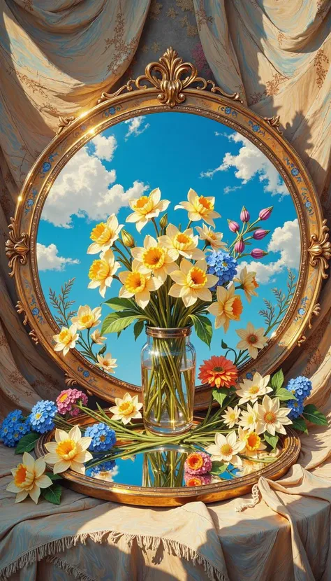 DB4RZ,DB4RZ style painting,a hand-drawn sketch and watercolor style,opalescent inlay,DIGITAL PAINTING,FLUORESCENT, GLOW, A high-definition photograph capturing an extravagantly ornamented circular mirror reflecting a cerulean sky with wispy clouds. Scattered across the mirror's surface and surrounding its perimeter are meticulously arranged daffodils, grape hyacinths, and calendulas, their vibrant hues of flaxen yellow, azure, and tangerine echoing the vivaciousness of springtime. A bouquet of daffodils, housed in a transparent glass vase, takes center stage, its reflection beautifully mirrored below. The mirror rests upon a natural-fibered, ecru-toned fabric with a frayed border, adding a touch of rustic charm. The scene is bathed in warm, natural sunlight, highlighting the intricate details of each flower petal and the texture of the fabric. The composition utilizes a high-angle shot, emphasizing the circularity of the mirror and the radiant display of flora. The overall aesthetic evokes feelings of joy, serenity, and the ephemerality of nature's beauty.