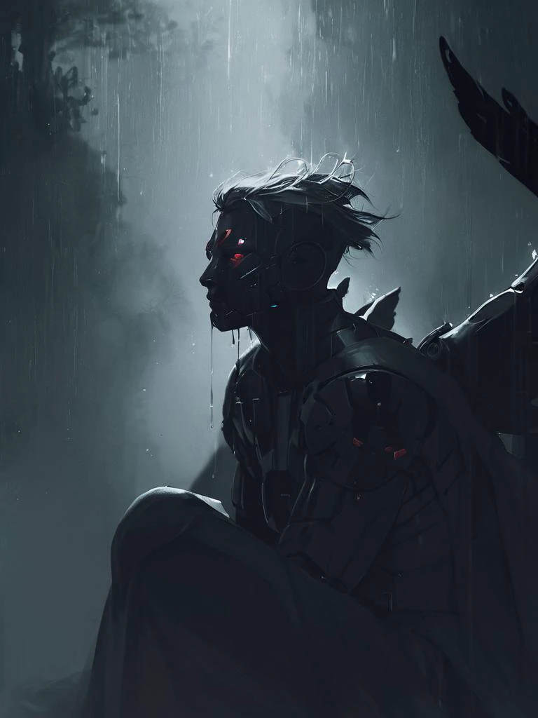 score_9,score_8_up,score_7_up,score_6_up,score_5_up,score_4_up,score_9, score_8_up, score_7_up, sad, tears, side view, 1hand up, floating, 1boy, mechanical parts, cyborg, mask, half closed eyes, red eyes, spot color, monochrome, greyscale, male focus, floating hair, eyelashes, dripping, silhouette, wings, limited palette, dark aesthetic, Sinozick, kneeling, in pain, looking up, rain, dark theme, gloomy, <lora:sdxl_lightning_8step_lora:1>,<lora:Art_Adams_Style_Pony_XL:0.5>,<lora:Dark_Anime:0.2>,<lora:glowneon_xl_v1:0.4>,<lora:nostalgia-000011:0.3>,<lora:GRIM_v1:0.4>,<lora:Sinozick2:0.3>