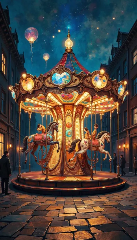 DB4RZ,DB4RZ style painting,a hand-drawn sketch and watercolor style,opalescent inlay,DIGITAL PAINTING,FLUORESCENT, GLOW, An antique carousel, bathed in the effulgent glow of incandescent bulbs, stands as the cynosure of the composition. Rendered with gestural brushstrokes and a muted palette of ochre, gold, and umber, the carousel exudes a nostalgic, almost melancholic aura. The perspective is that of a street-level normal shot, framing the carousel in its entirety, with the viewer positioned slightly off-center. The carousel's opulent adornmentsâfrom the meticulously crafted horses to the intricate moldingsâare rendered with painterly imprecision, imbuing the scene with a dreamlike quality. The background fades into a tenebrous blur, the silhouettes of buildings barely discernible against the indigo sky, sparsely dotted with stars. The artist has employed chiaroscuro effectively, juxtaposing the radiant carousel with the enigmatic darkness surrounding it, thereby accentuating its splendor and imbuing the scene with an air of mystery. To augment the overall impact, the image could benefit from the inclusion of subtle detailsâthe spectral reflections of the carousel lights on the cobblestone street, a stray balloon drifting skyward, the ethereal strains of a waltz carried on the night air. These additions, rendered with the same impressionistic sensibility, would further amplify the evocative power of the composition, transforming it into a poignant meditation on memory, time, and the ephemeral nature of beauty.