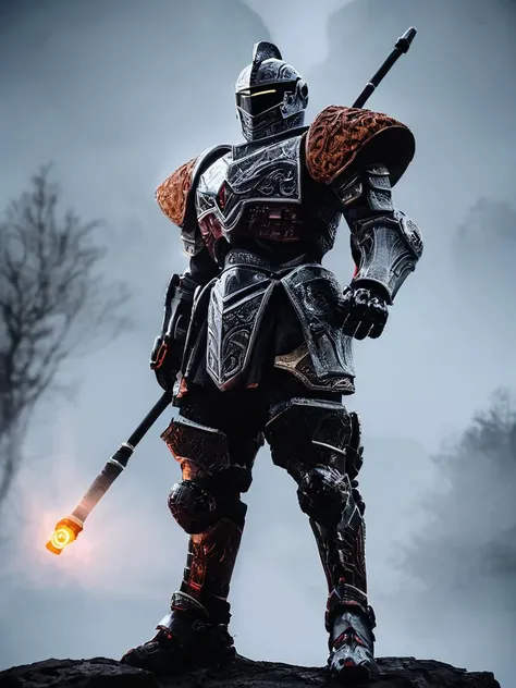 score_9,score_8_up,score_7_up,score_6_up,score_5_up,score_4_up,Atmospheric haze, foggy atmosphere, high quality analog photography of a mechanical Cyborg Warrior wearing an intricate FredFraiStyle inspired black and vibrant thin dark intricate designed armor with high collar, Highly detailed realistic analog photo close-up action scene of a robot knight in intricately patterned armor. The focus is on the knightâs helmet, showcasing the glowing slit where the eyes should be, but instead of visible eyes, there's a pale blueish blur of light that trails with the swift motion, capturing the dynamic speed of the fighter. The scene is set in a misty, fog-filled night with a desaturated color palette. The background is hazy, while motion streaks and dynamic lighting enhance the sense of speed and intensity, with the knightâs glow piercing through the mist.
Holding a vibrant Puls emitting battle Hammer, impressive powerful stance, very detailed, artistic model shot, blushed smiling,