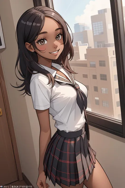 (masterpiece), best quality, 1girl, dark skin,black asian, Nigerian-Korean, shortstack girl, oppai loli, ite girl, thick thighs, slim and thin, big breasts, cute, sexy body, 11 leated skirt, schoolgirl uniform, smug smile, adorable, (Bleach style), (My hero academia style)