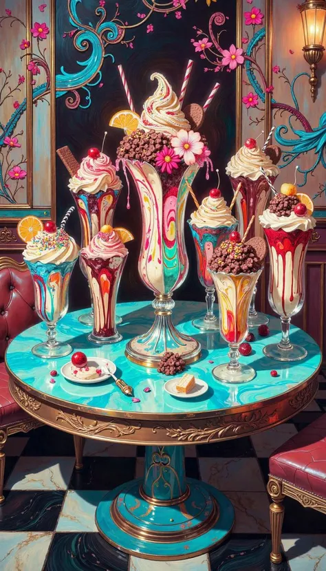 DB4RZ,DB4RZ style painting,a hand-drawn sketch and watercolor style,opalescent inlay,DIGITAL PAINTING,FLUORESCENT, GLOW, A plethora of vibrant, saccharine confections artfully arranged upon a cerulean table, reminiscent of a bygone era, with a faux-naif cloud motif. Each sundae, resplendent in its own right, boasts a unique assemblage of ice cream, sauces, and garnishes, including but not limited to maraschino cherries, sprinkles, and chocolate wafers. The camera, positioned directly above the table, captures the scene in a rectilinear, plan view, akin to an opulent still life, emphasizing the sheer gluttony and visual cacophony. Ample negative space surrounding the table could be filled with period-appropriate paraphernalia - a jukebox emanating tinny tunes, perhaps, or a checkered floor reflecting the saccharine scene above. The lighting should be bright, almost garish, evoking the feel of a vintage advertisement, highlighting the glistening sauces and the melting decadence.