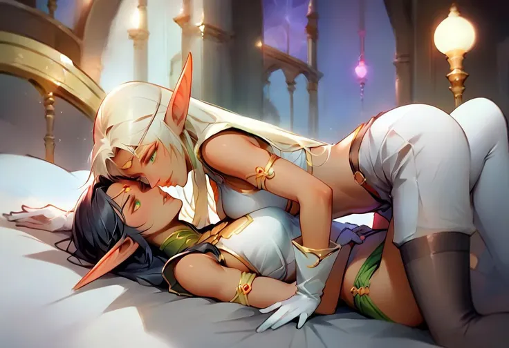 two elf girls lying on top of each other in bed naked and kissing each other