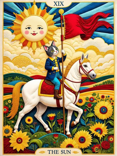 Surreal Tarot Major Arcana card of The Sun. There is text "XIX" at the top and text "The Sun" at the bottom. An anthropomorphic kitten rides a white horse in front of flowering sunflowers. The kitten holds a pole with a large rosy banner flapping in the wind. In the sky a smiling sun shines down on the scene, with straight and wavy rays of light. In the background there are cultivated fields. <lora:midjourney_whisper_chromaplex_v1:0.8> <lora:Embroidered_Quilting_Flux:0.8>