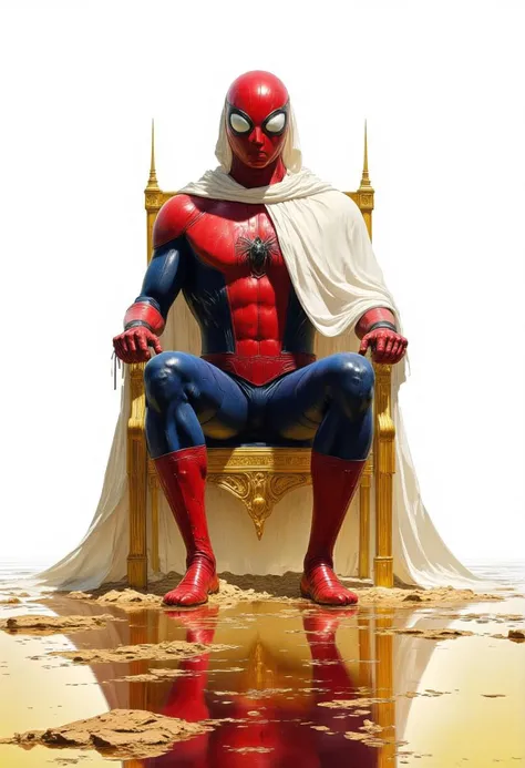 High-definition, Risograph-style illustration of Spiderman sitting on a grand, majestic throne made of shiny, polished, and sparkling gold. Spiderman is wearing his iconic bright crimson red costume, complemented by a flowing white robe, a white cloak draped over his shoulders, and a white hood over his head. He sits with a determined posture, with one leg bent up on the seat of the throne while the other leg rests on the ground, creating detailed ripples in the highly textured and reflective water that covers the ground. The background is plain white, further emphasizing the dramatic scene.