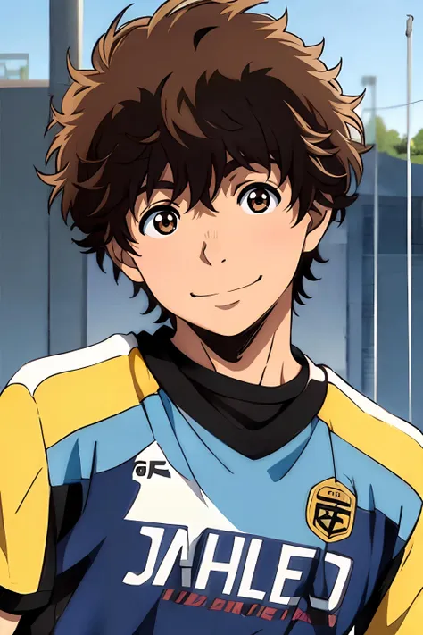 aoi ashito, football shirt, 1boy, portrait, upper body,  brown_hair, brown_eyes, smiling, <lora:aoi_ashito:0.8>