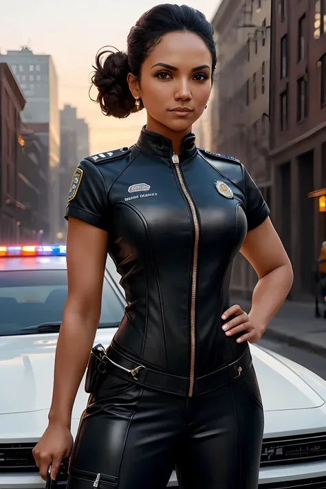 photo of (m3kiac0x-500:0.99), a woman as a sexy policewoman, (wearing a zipper police uniform with cleavage:1.2), (trousers), (on the street next to a police car:1.1), modelshoot style, (extremely detailed CG unity 8k wallpaper), photo of the most beautiful artwork in the world, professional majestic oil painting by Ed Blinkey, Atey Ghailan, Studio Ghibli, by Jeremy Mann, Greg Manchess, Antonio Moro, trending on ArtStation, trending on CGSociety, Intricate, High Detail, (Sharp focus:1.1), dramatic, photorealistic painting art by midjourney and greg rutkowski, ((looking at viewer:1.2)), (detailed pupils:1.3), (police car), (city view in the background), (tight bun hairstyle:1.2), (cleavage:1.1)