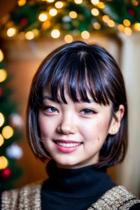 <r41st>, Ultra-HD-realistic-details, nature background, smile, close portrait photo, asiatic, Turtleneck, (upper body)
