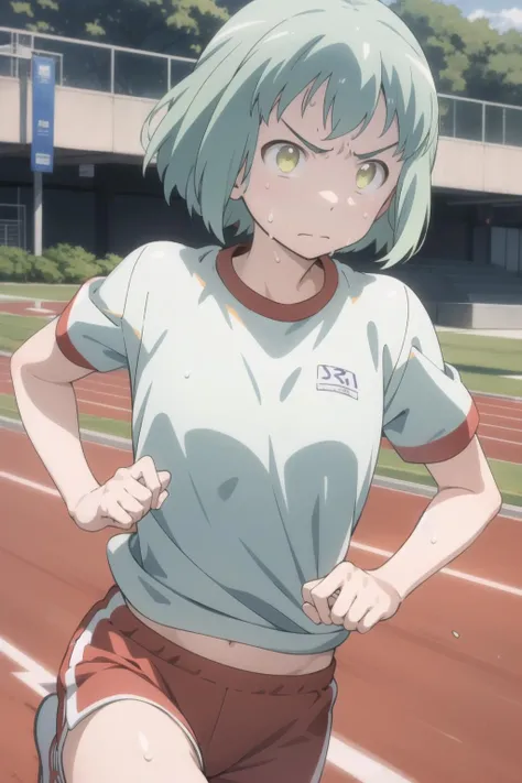 <lora:kusakabe-000003:1> kusakabe, gym uniform, red shorts,
running track, sweat, serious