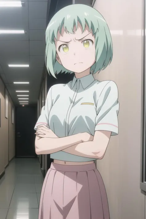 <lora:kusakabe-000003:1> kusakabe,
1girl, arms crossed, glaring, crop top, skirt, hallway