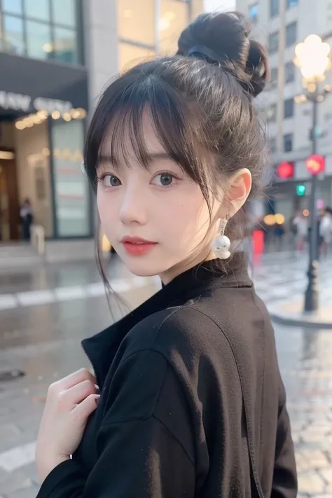 from side, hip up,<lora:addielyn_v1_chilloutmix_NiPrunedFp16Fix_100_33pic_epoc:0.5>, ((addielyn)), side pose, Random posture, night time, (An extremely delicate and beautiful work), (masterpiece), 1girl, black woolen linen short jacket, streetwear, highly detailed, ponytail contorted, charming expression, beautiful and clear eyes, blue eyes, delicate pearl necklace, delicate earrings, simple blurred background, extreme detail description, pretty, charming, ultra-fine painting, delicate face, delicate figure, Fine collarbones, lovely lips, soft behind, <lora:cuteGirlMix4_v10:0.5>mix4,(8k, RAW photo, best quality, masterpiece:1.2), (realistic, photo-realistic:1.37),cute,cityscape, night, rain, wet, professional lighting, photon mapping, radiosity, physically-based rendering, above waist,