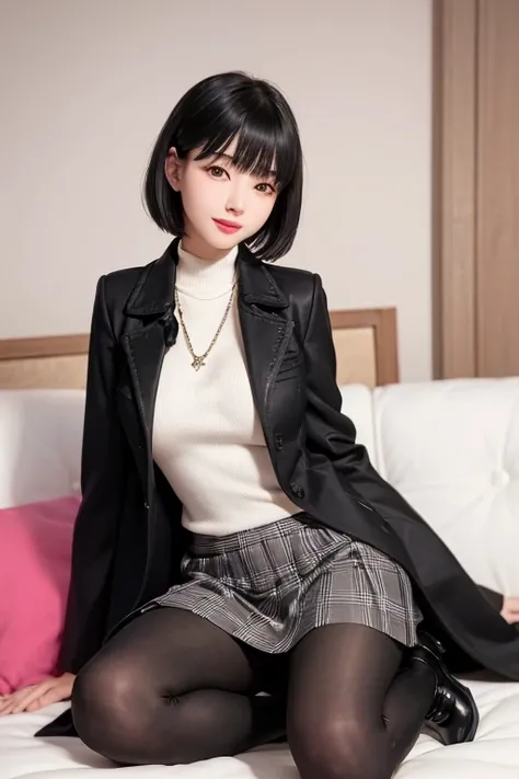 <lora:addielyn_v1_chilloutmix_NiPrunedFp16Fix_100_33pic_epoc:0.66> extremely detailed ((addielyn)), detailed eyes,
(Best quality details:1.2),realistic,8K High definition,(1girl:1.2),Ultra Detailed,High quality texture,intricate details,detailed texture,finely detailed,high detail,extremely detailed cg,High quality shadow,Detailed beautiful delicate face,Detailed beautiful delicate eyes,Depth of field,Ray tracing,(a beautiful 25 age years old sexy korean woman:1.1),large breast, tall_female, beautiful_legs, Glow Eyes,blush, perfect body,skinny, (white sweater:1), (open black coat :1.5),(short plaid tight skirt :1.2), (pantyhose, ankle boots :1.1), (bob cut:1.1), street, sunlight, kneeling on sofa, hands behind back, lens flare, earrings,necklace, model, looking at viewer, (happy smile:1.1), from front, dynamic pose, mole under eye, messenger bag,