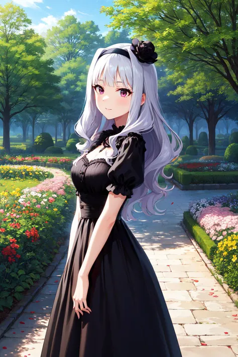masterpiece, best quality, highres, aatakane, long hair, hairband, <lora:shijou_takane_v1:0.7>, gothic, dress, black dress, mini hat, standing, outdoors, garden, petals,